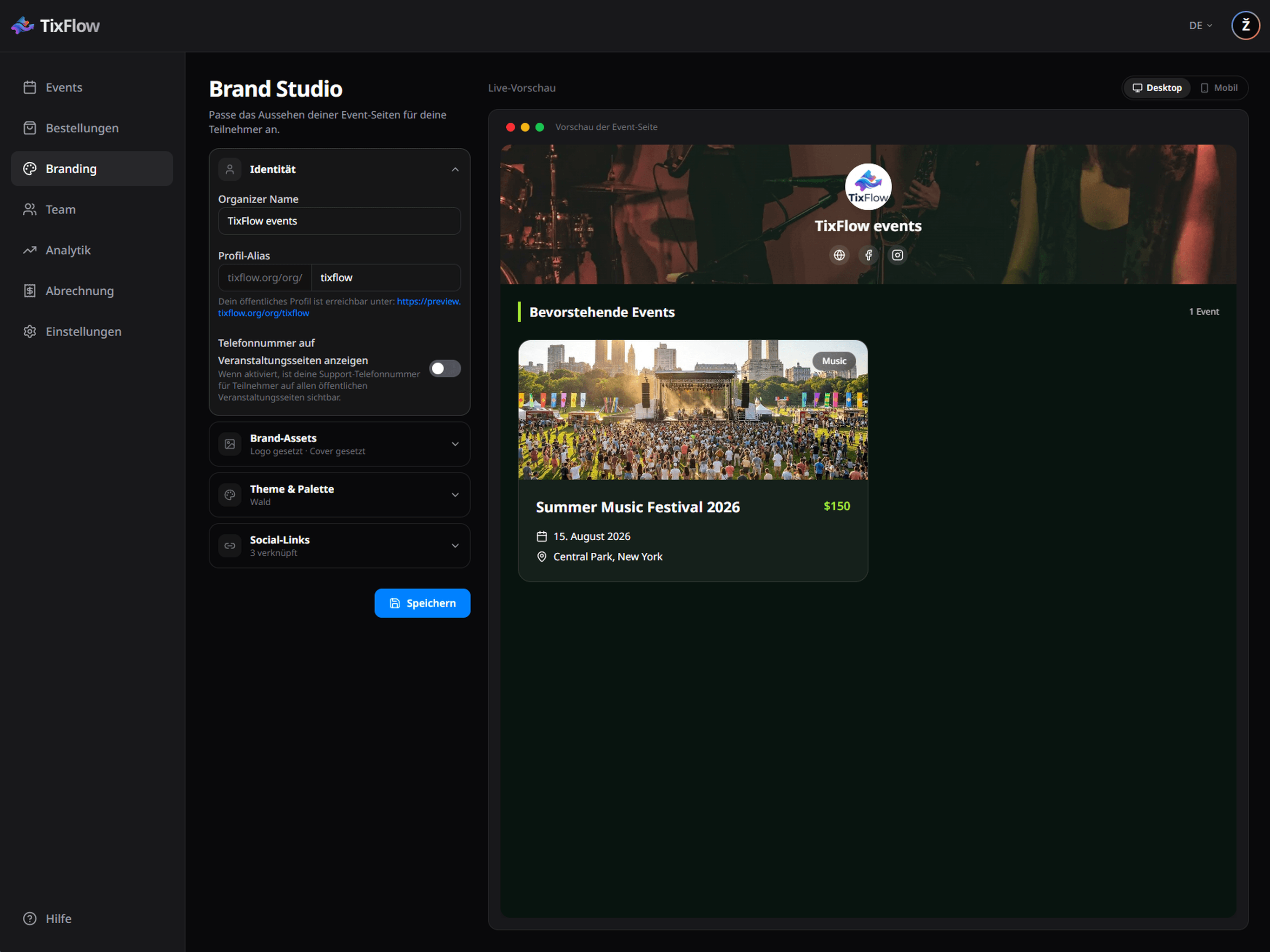Branding-Einstellungen in TixFlow mit Live-Vorschau der Veranstalterseite