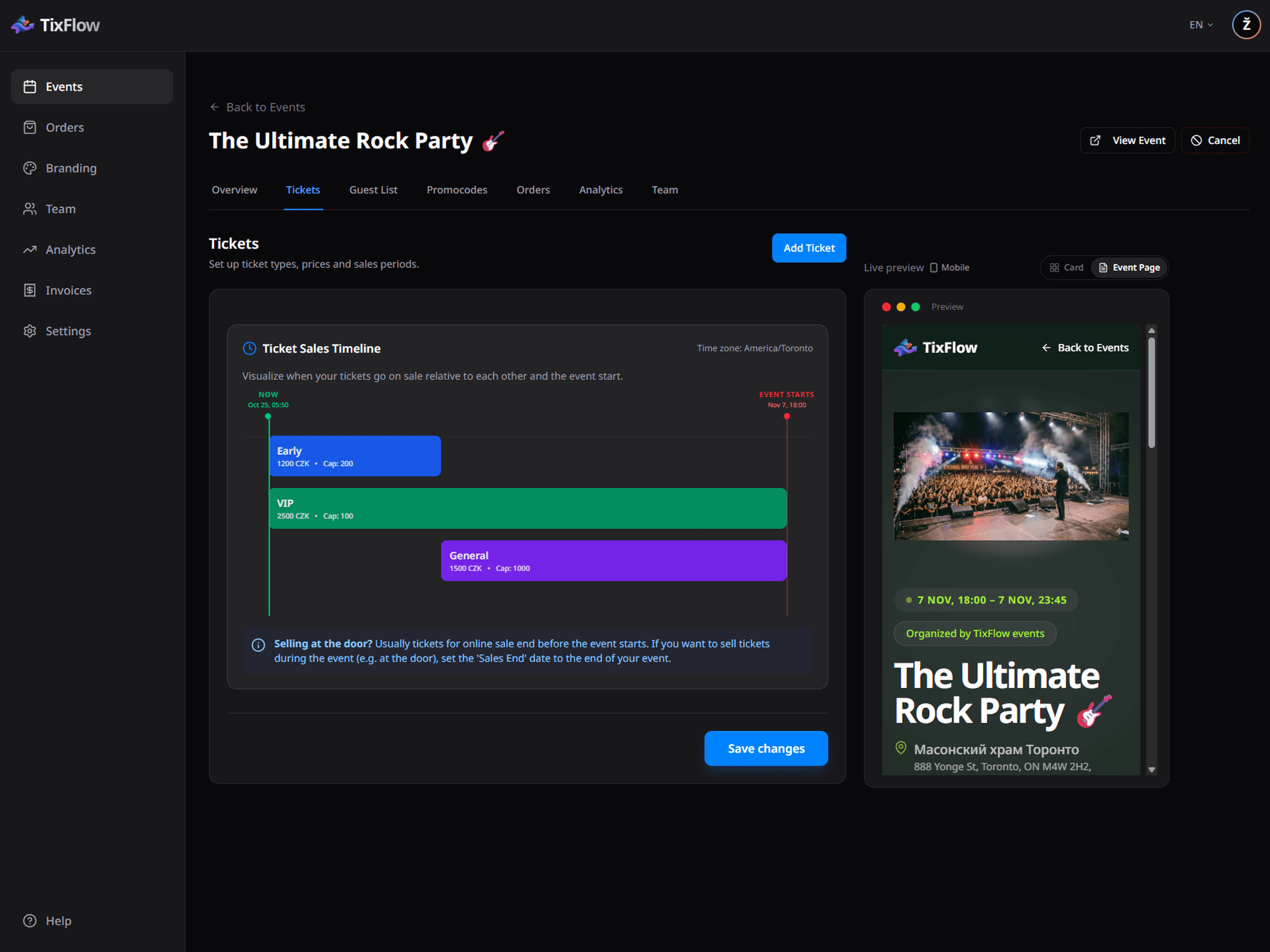 TixFlow ticket types: the General Admission and VIP sales timeline next to the event page preview