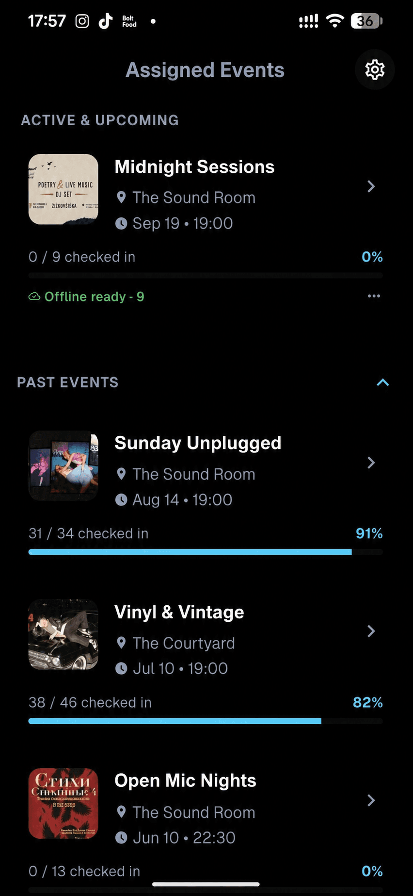 TixFlow assigned events with check-in progress and offline-ready tickets