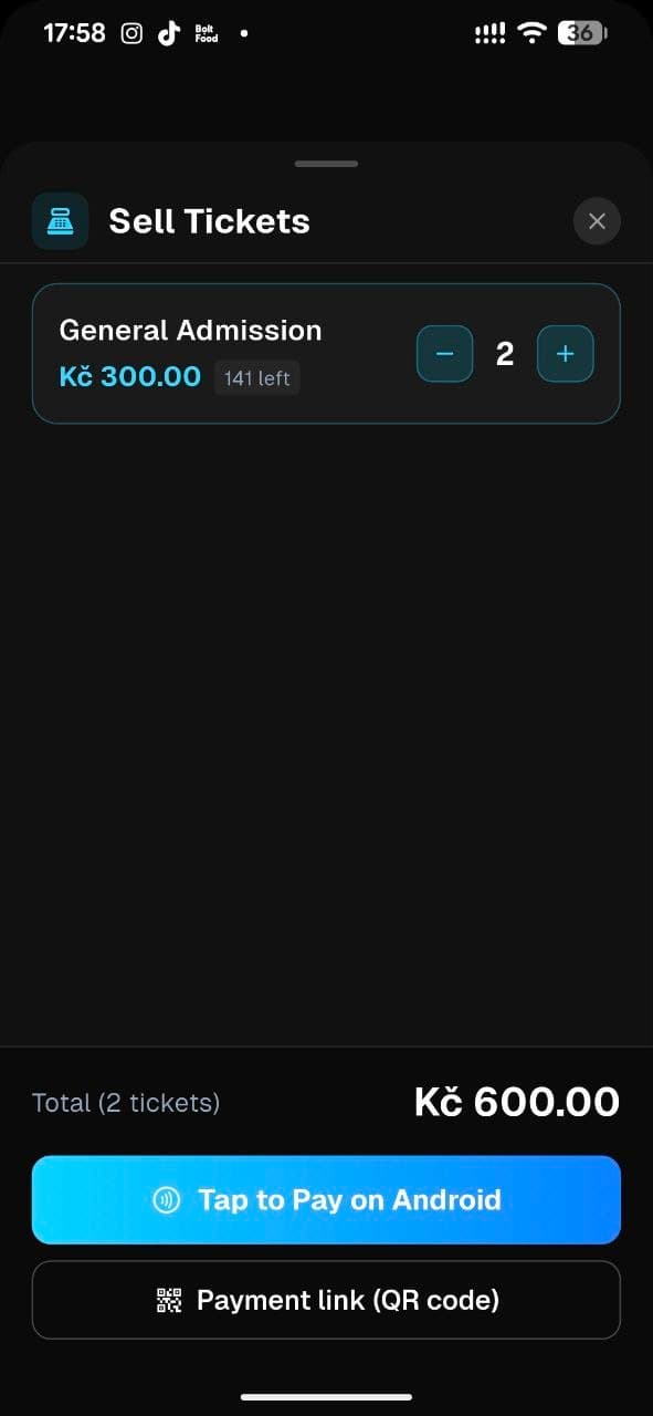TixFlow door sales with ticket quantities, Tap to Pay on Android and a payment QR code