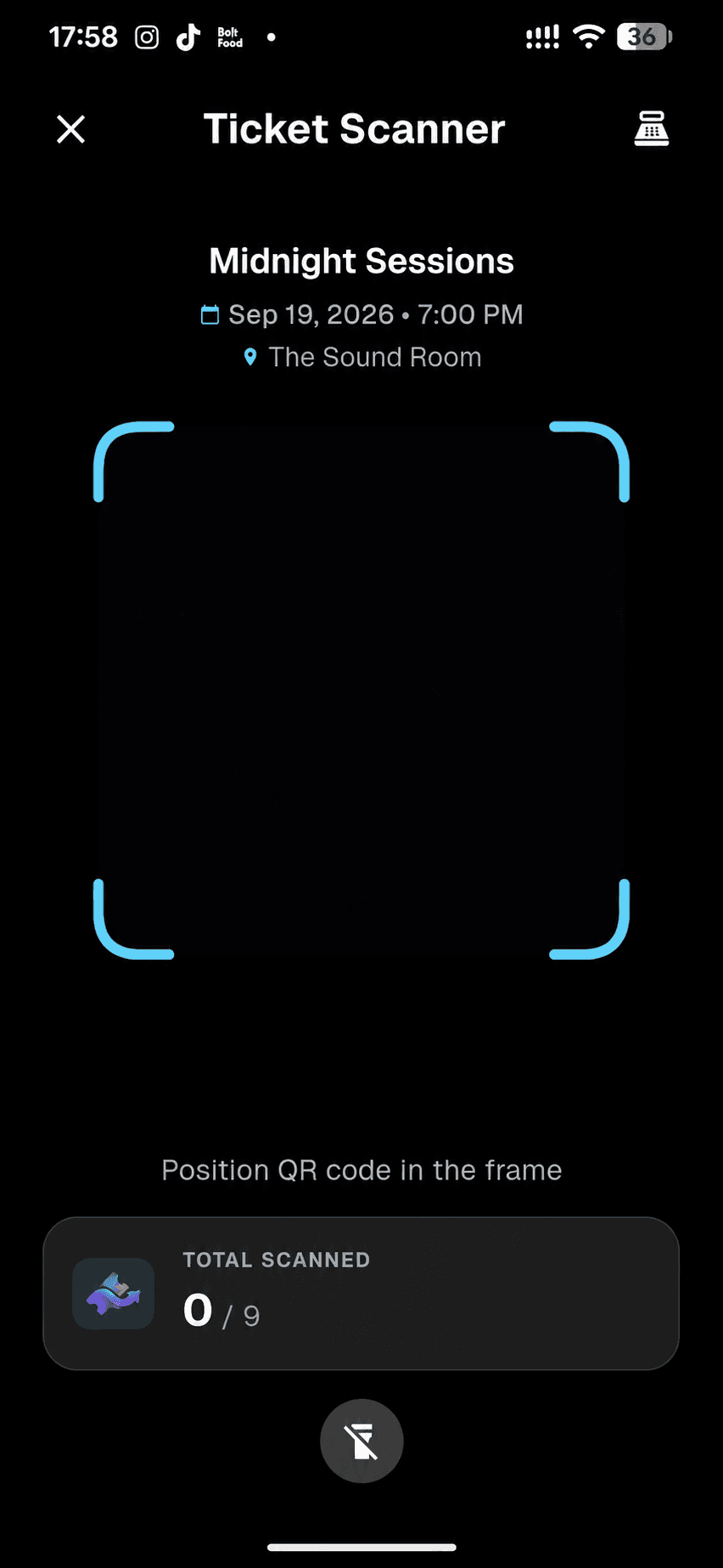 TixFlow QR ticket scanner with the total number of scanned tickets